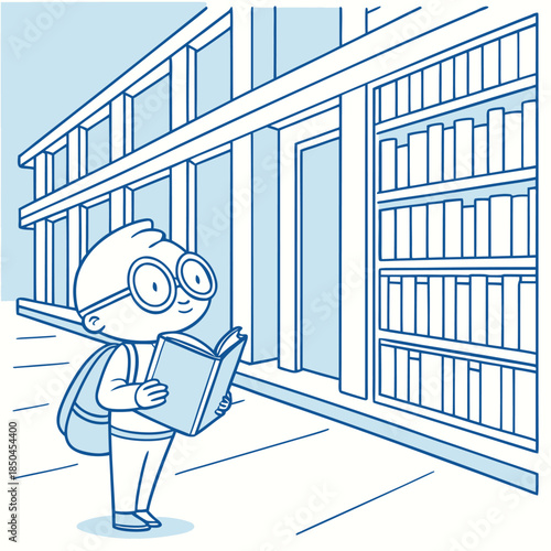 Young boy with glasses reading a book outside.