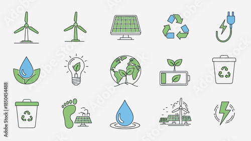 Green Energy and Sustainability Icons Renewable Resources, Eco-Friendly Technology, and Environmental Protection