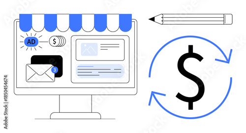 Ecommerce, digital advertising, online revenue, monetization, business growth, financial transactions. Desktop screen with ad content, email dollar symbol pencil. Ecommerce and digital advertising