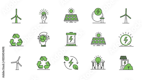 Comprehensive collection of eco-friendly and renewable energy line icons illustrating sustainable technology, green power, and environmental conservation concepts for modern design projects