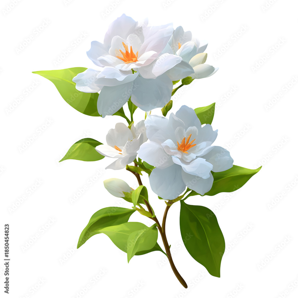 Fototapeta premium Elegant White Flowers with Orange Center on a Leafy Green Stem