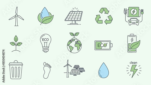 Set of sustainable energy and ecology icons for green technology and environmental protection concepts