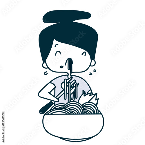 cute girl woman eating noodle ramen sphagetti in a big bowl