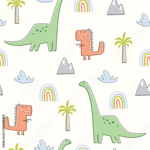 A whimsical seamless vector pattern featuring hand-drawn dinosaurs, rainbows, and palm trees. Ideal for nursery decor, textile, wrapping paper, cover, apparel, wallpaper, baby shower and stationery