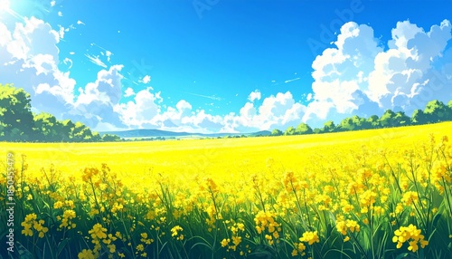 Beautiful Anime Style Landscape Background Featuring a Vast Field of Blooming Rapeseed Flowers Under a Clear Blue Sky with Cumulus Clouds