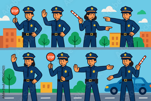 Diverse Police Officers in Various Poses and Actions.