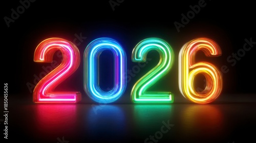 Neon numbers brightly illuminate the year 2026. The futuristic aesthetic features a dark background, reflecting the colorful glow