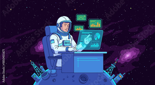 Astronaut Working on Computer in Space.