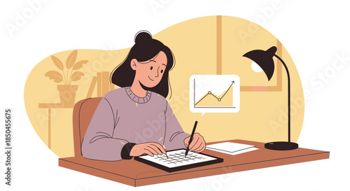 Woman Writing in Notebook at Desk.