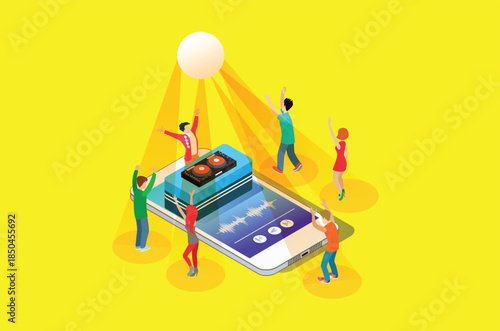 Modern Isometric Cloud Online DJ Music Player Entertainment Illustration With People, suitable for Digital Related Asset