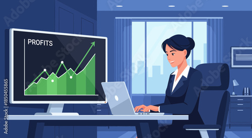 Businesswoman Analyzing Profits on Computer Screen.