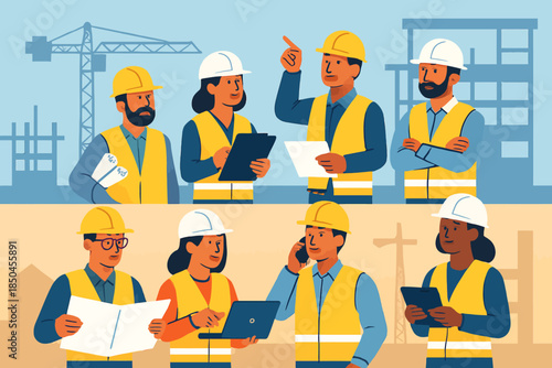 Diverse Group of Construction Workers and Engineers in Hard Hats and Safety Vests.