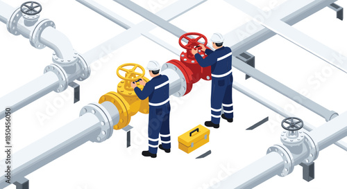 Isometric industrial workers in uniforms repairing oil and gas pipeline valves with tool box isolated on white background vector.