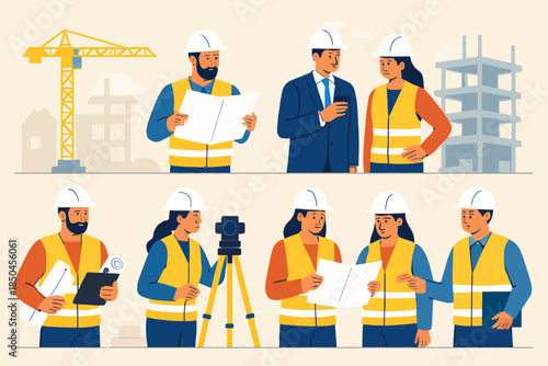 Construction workers in safety gear discussing blueprints and plans on site.