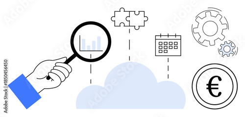 Data management, cloud computing, financial analysis, business planning, technology integration, and problem solving. Hand with magnifying glass over cloud, joined with icons. Data management