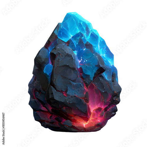 Glowing Crystal Rock with Blue and Red Light on Dark Surface