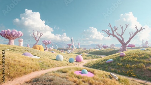 Surreal Fantasy Landscape with Colorful Trees and Dreamy Sky