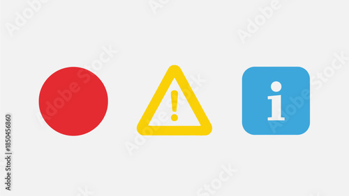 Essential graphic icon set with red circle for recording, yellow triangle for warning, and blue square for information, perfect for user interface design and system alerts