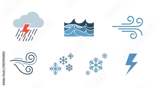 Collection of Weather Icons Representing Rain, Storms, Waves, Wind, and Snow