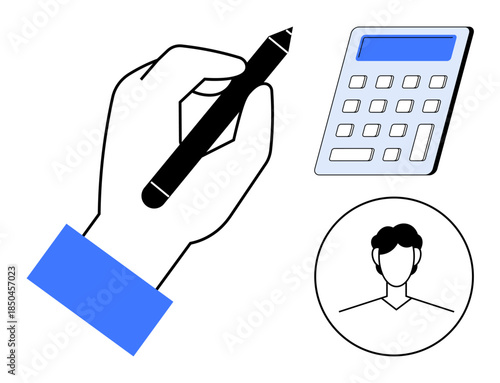 Business, calculation, communication, education, remote work, identity . A hand holds a pen near a calculator and a human profile icon. Business and calculation concepts