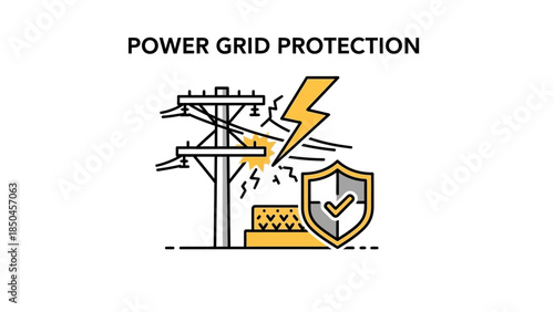 Conceptual icon illustrating advanced power grid protection mechanisms guarding against electrical hazards and lightning strikes, ensuring system resilience