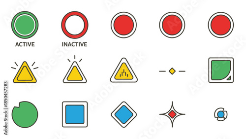 Collection of circular and square traffic and notification icons with different states and colors