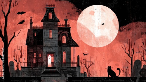 Spooky cartoon illustration showing a haunted house scene at night, featuring a full moon, bats, and a black cat. The scene has a Halloween theme