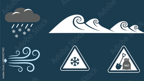 Vector collection of essential winter weather and road condition warning icons, depicting snow, rain, wind, ice, and salt application for safety awareness