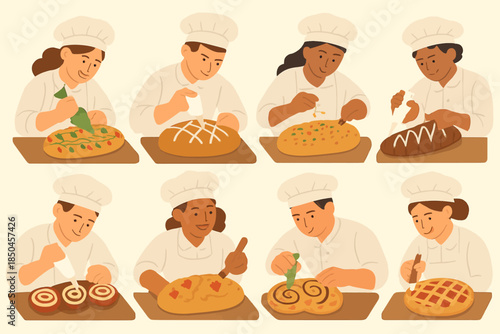 Diverse bakers skillfully preparing various baked goods in a delightful scene.