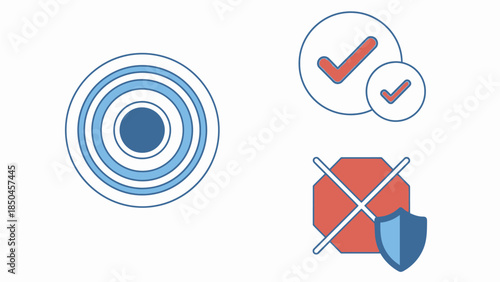 Essential vector icon set featuring symbols for security, protection, success, approval, accuracy, and denied access, perfect for modern UI/UX design and various digital applications