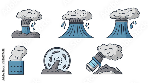 Set of cartoon style vector illustrations showing environmental pollution sources, including industrial factories, smokestacks emitting smoke, and waste discharge, highlighting ecological damage