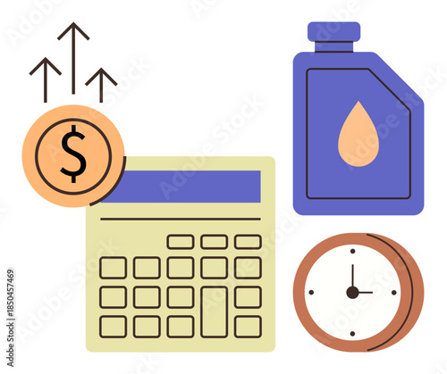 Coin with upward arrows, oil container, clock, and calendar highlight rising fuel costs, financial planning, and time management. Ideal for economics, inflation, budgeting energy business time