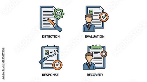 Illustrative series detailing the incident management process, from detection and evaluation to response and recovery, crucial for business continuity and organizational resilience