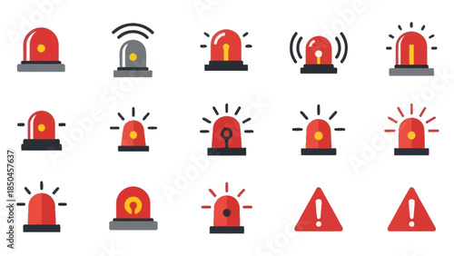 A comprehensive set of modern flat design icons depicting various emergency lights, warning sirens, and caution signs, ideal for safety alerts and critical notifications