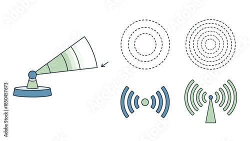 Radar System and Signal Transmission Icons - A Visual Representation of Detection and Connectivity