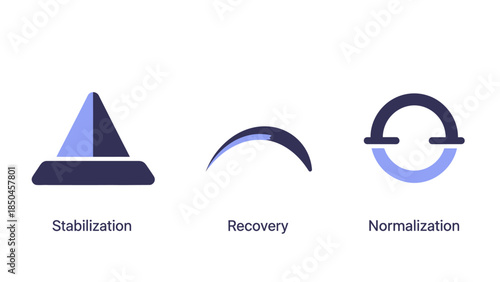 Abstract conceptual vector icons representing critical business and technology processes stabilization, recovery, and normalization stages for effective system management and progress