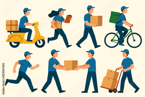 Delivery personnel in various modes of transport and actions.