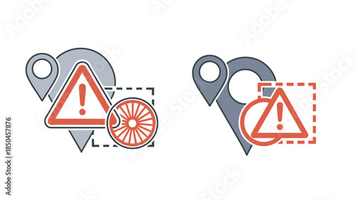Geometric line art icons depicting map pins with warning symbols, signifying location-based alerts, navigation hazards, or critical points of interest on digital platforms