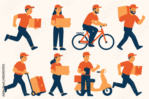 Diverse delivery personnel in various poses with packages, showcasing efficient service.