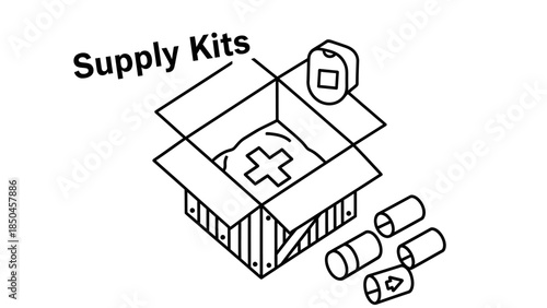 Vector illustration of essential emergency relief and medical supplies. An open cardboard box contains first aid provisions, alongside various containers, symbolizing health readiness and support