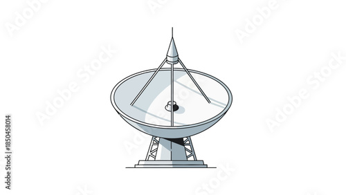 Monochrome illustration of a large parabolic dish antenna structure on a support base