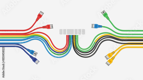 Multiple colored network cables connect through a central junction box