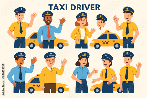 Diverse group of taxi drivers in uniform with their yellow cabs.