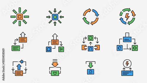 Conceptual vector line icon set illustrating process flow, system organization, data management, energy cycles, and operational efficiency for modern digital projects