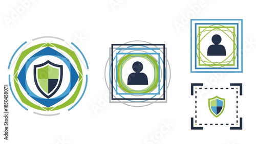 Digital security and privacy concept with abstract shield and user profile icons, representing online protection and data safety