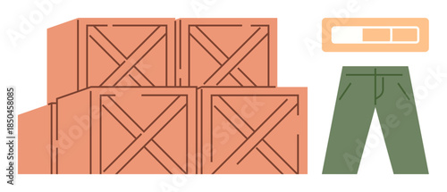 Stacked wooden crates with a progress bar and green pants symbolizing shipping, logistics, or warehouse management. Ideal for trade, inventory, e-commerce, supply chain, storage, packaging