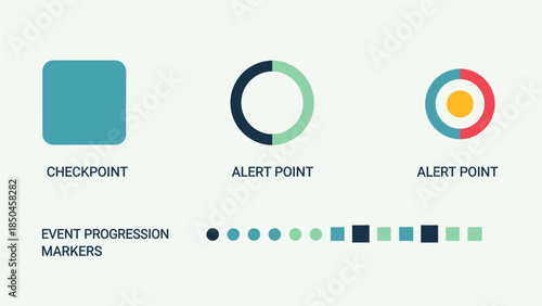 Set of icons representing event progression markers checkpoint, alert point, and directional indicators