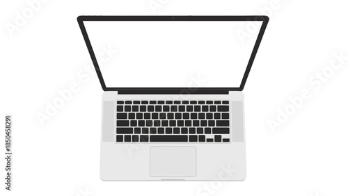 Overhead view of an open silver laptop with a blank white screen