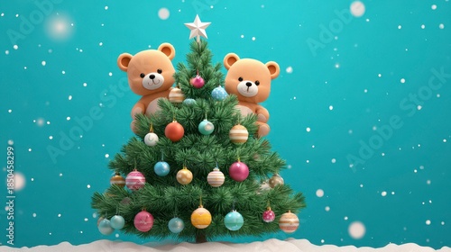 Two animated teddy bears peeking over a decorated Christmas tree, on a snowy surface against a teal backdrop