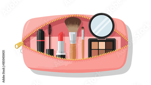 Pink makeup bag with cosmetics open showing mascara lipstick brushes and eyeshadow palette